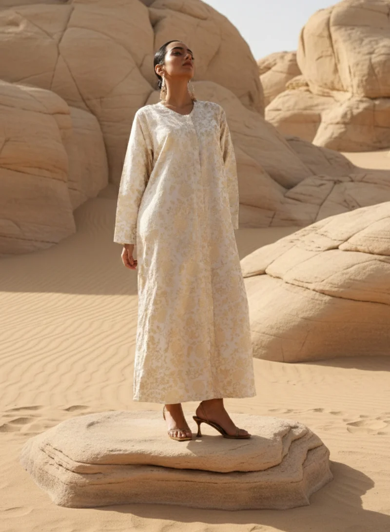 Ishin  Regal White Brocade Abaya with Hijab for Women | Best Price UAE